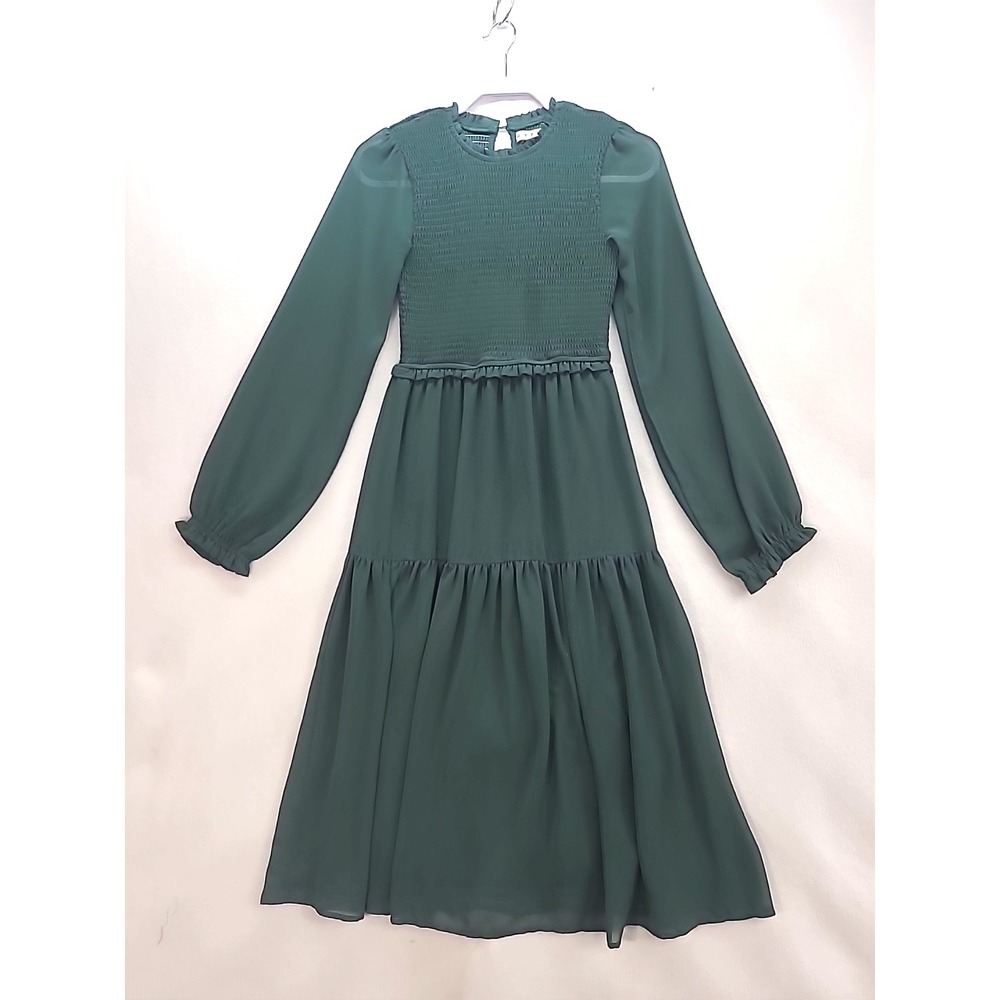 Green Smocked Tiered Dress Sz Small Prairie Style Cottagecore Chiffon Sleeves